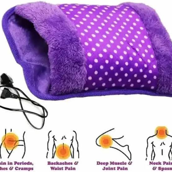 Purple polka dot heating pad with electrical cord and pain relief illustrations below.