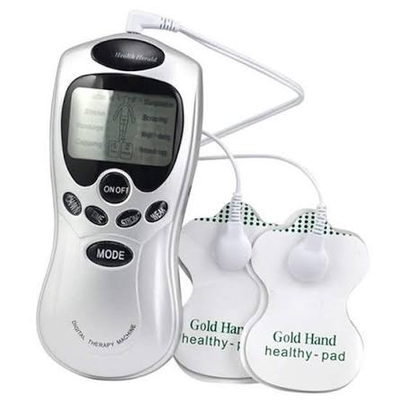 Handheld digital massager with control buttons and two adhesive electrode pads attached.