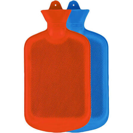 Red and blue rubber hot water bottles overlap against a white background.