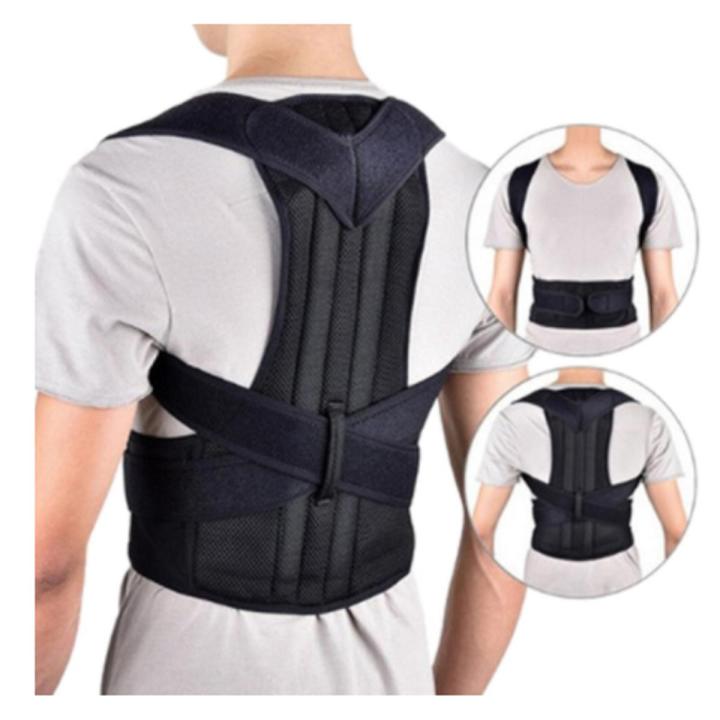 Person wearing a black posture corrector brace over a white shirt, shown from the back.