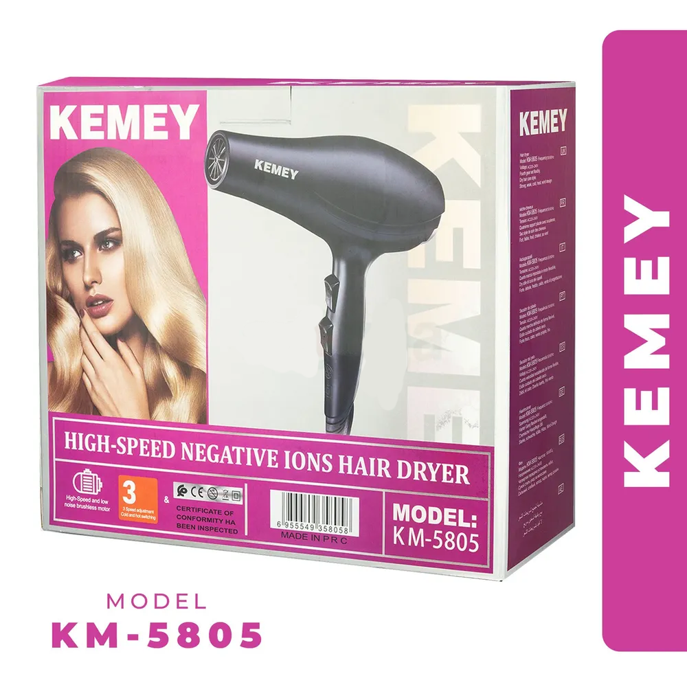 Kemey hair dryer packaging with a photo of a woman and product details in pink and white.