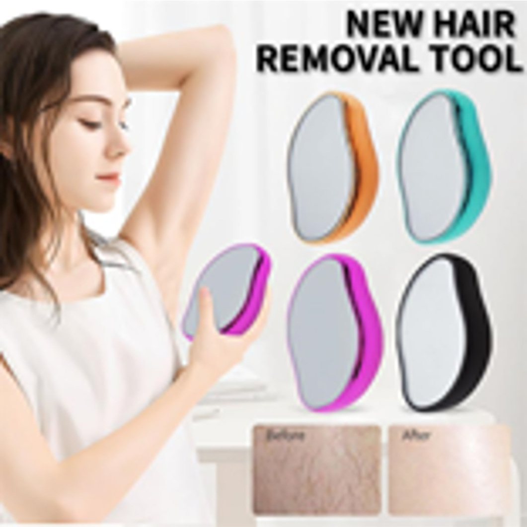 Woman using a handheld hair removal tool, shown in multiple colors, with before and after results.