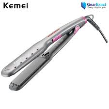 Silver Kemei hair straightener with pink accents and a black power cord.