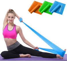 Woman stretching with blue resistance band, exercise bands in orange, green, and blue above.