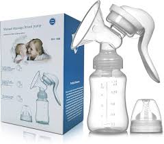 Manual breast pump with bottle, lid, and product packaging in the background.