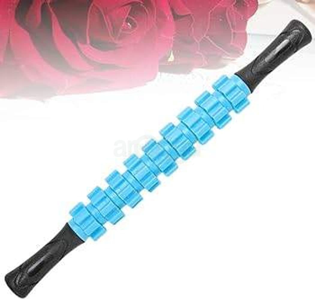 Blue muscle roller stick with black handles, red roses in the background.