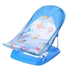 Blue baby bather with aquatic-themed fabric and a reclining seat.