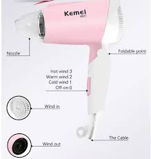 Diagram of a pink and white hair dryer with labeled parts and settings.