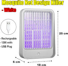 White electric mosquito killer with purple light, USB cord, and size dimensions shown.