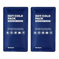 Two blue rectangular hot and cold packs with white text and icons on the front.