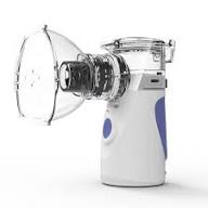 Portable nebulizer with a clear mask and white and blue body on a white background.