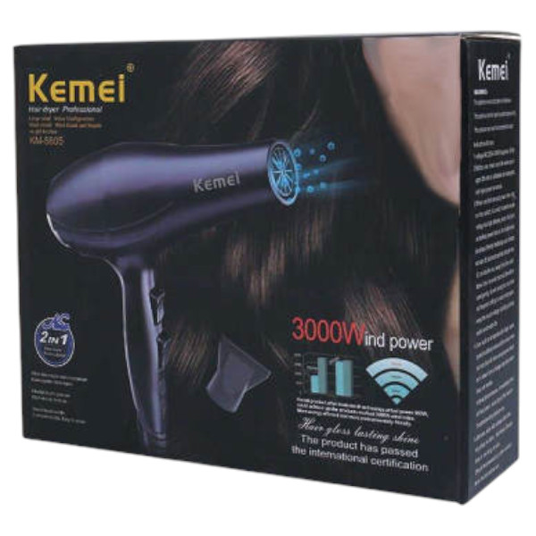 Kemei hair dryer product packaging with black and blue design elements.