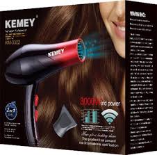 Kemey hair dryer product packaging with a close-up of a woman's hair in the background.