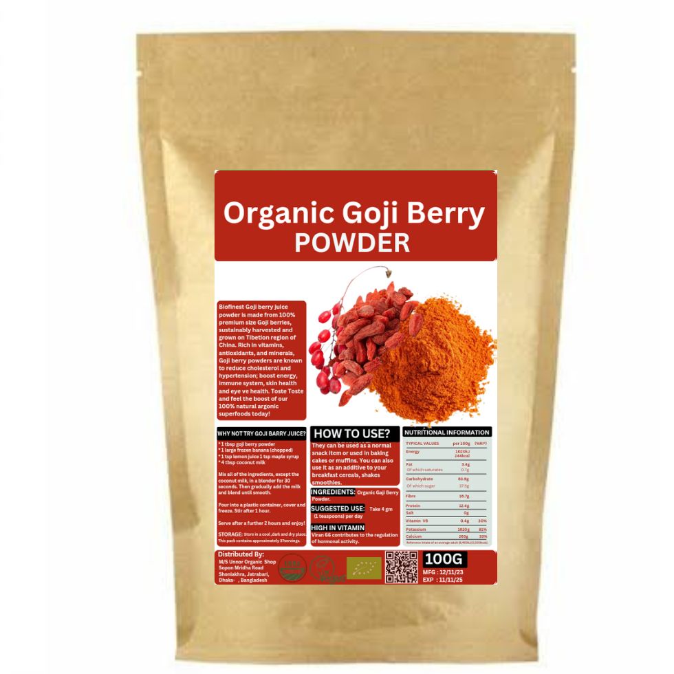 Brown resealable pouch labeled Organic Goji Berry Powder with images of goji berries and powder.