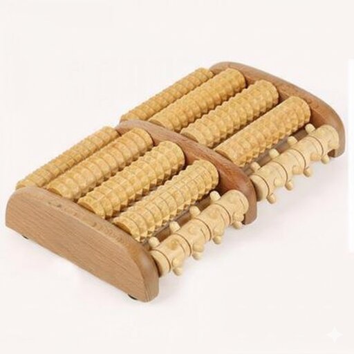 Wooden foot massager with multiple textured rollers on a light background.