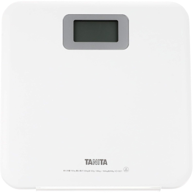 White digital bathroom scale with a rectangular display screen.