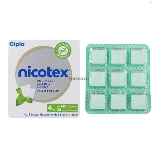 Nicotex mint gum packaging with a blister pack of nine white chewing gums.
