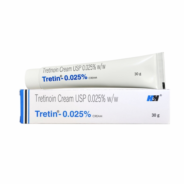 Tretinoin cream tube and box with blue and white packaging, .025% strength, 20g size.