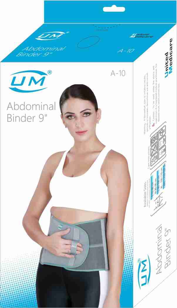 Front packaging of a UM Abdominal Support medical binder, showing a photo model wearing the white compression belt around her waist, with text displaying the product name, 9-inch height, and size details.