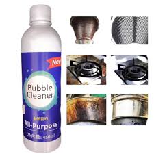 Bottle of bubble cleaner with before-and-after cleaning photos of stove and metal surfaces.