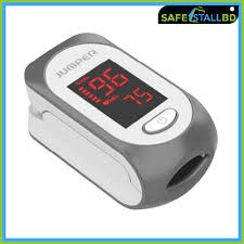 Gray and white fingertip pulse oximeter displaying red digital readings.