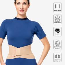 Woman wearing a beige back support belt over a blue shirt, with feature icons on the side.