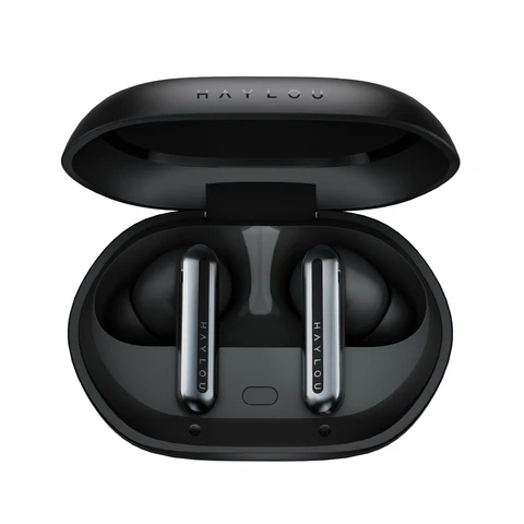 Black wireless earbuds in an open charging case