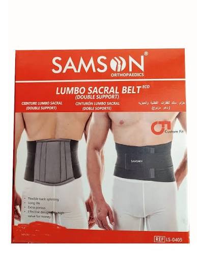 Samson lumbo sacral belt packaging with product images on waist of two people.