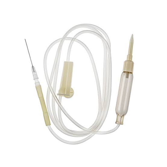 Clear IV infusion set with needle, drip chamber, and flexible tubing.