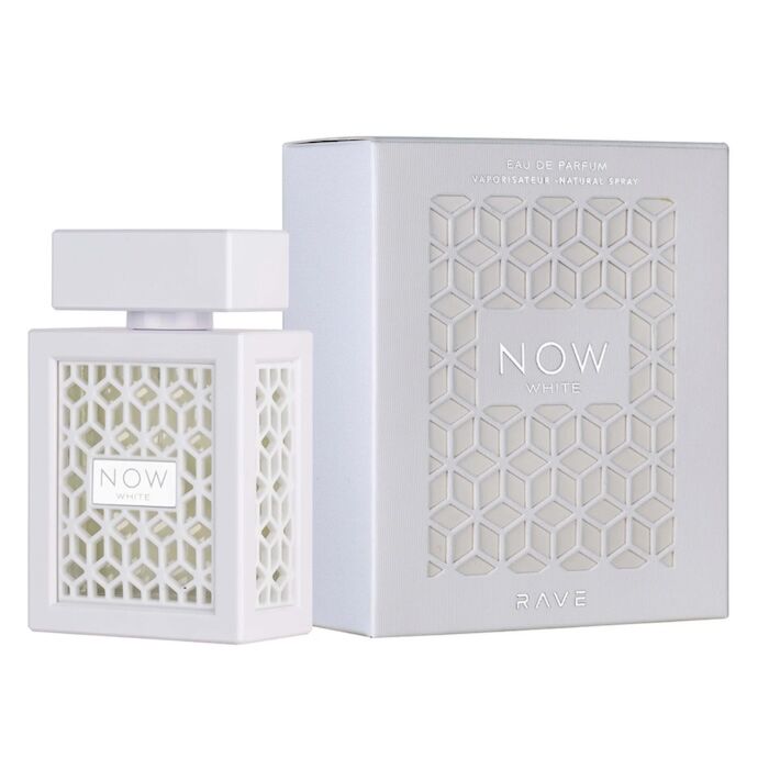 White perfume bottle with geometric pattern next to matching decorative box.