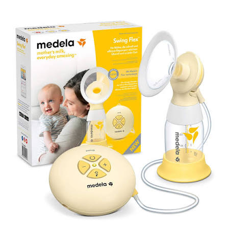 Medela breast pump set with control unit, bottle, and product box featuring a baby.