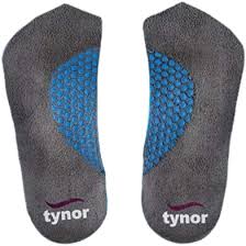 Pair of gray Tynor insoles with blue honeycomb cushioned centers.