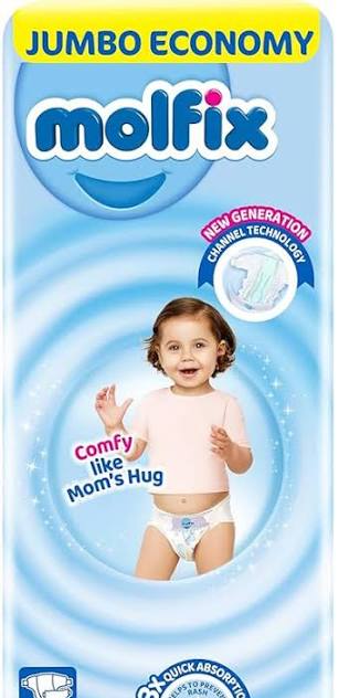 Molfix diaper package with a smiling baby in a diaper on a blue background.