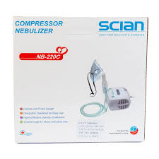 Scian compressor nebulizer product packaging with device image and accessories.