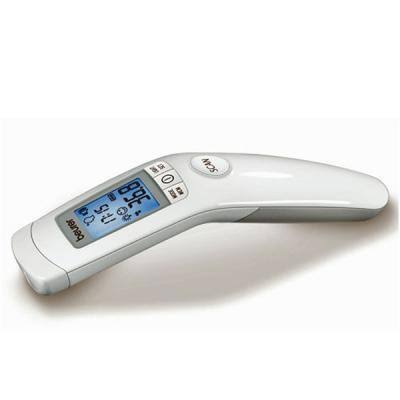 Digital forehead thermometer with LCD display and buttons on a white background.