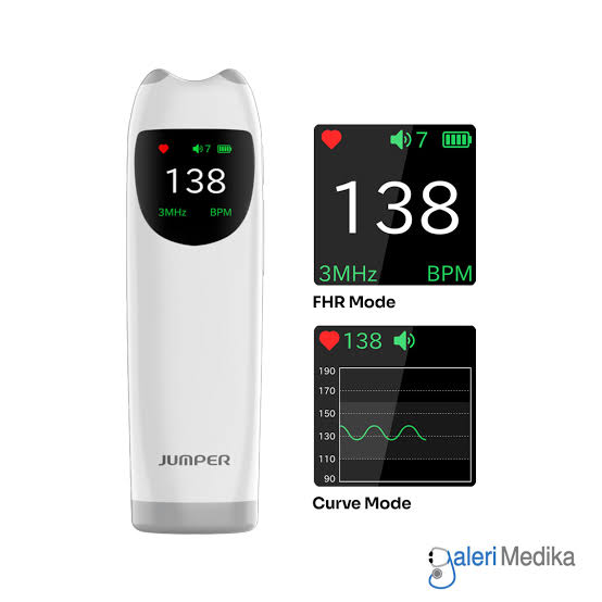 White handheld fetal heart rate monitor with digital display and reading options shown.