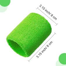 Bright green terry cloth wristband shown with dimensions of 3.15 inches or 8 cm.