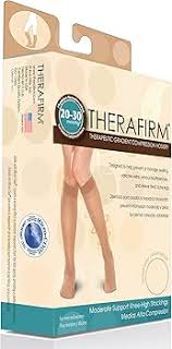 Therafirm compression stockings packaging with image of legs wearing tan stockings.