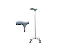 Silver quad cane with a black handle and four rubber-tipped feet for stability.