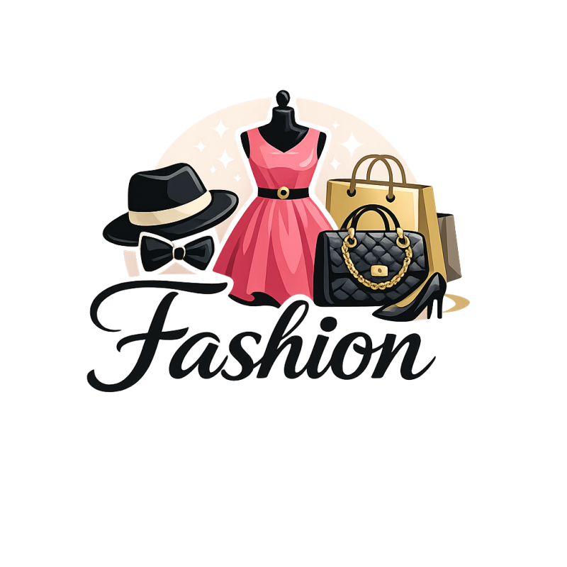 Pink dress on mannequin with hat, bow tie, gold handbag, and quilted purse.