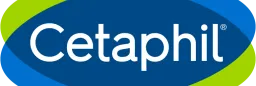 Cetaphil logo with white text on a blue oval and green curved shapes.