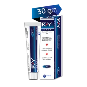 Tube and box of KY personal lubricant, blue and white packaging, labeled 30 gm.