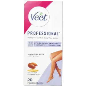 Veet Professional wax strips box with legs illustration and shea butter image.