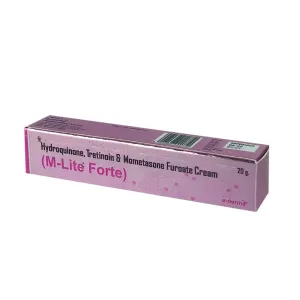 Pink box of M-Lite Forte hydroquinone, tretinoin, and mometasone furoate cream.
