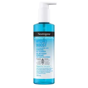 Neutrogena Hydro Boost cleanser bottle with blue liquid and a white pump dispenser.