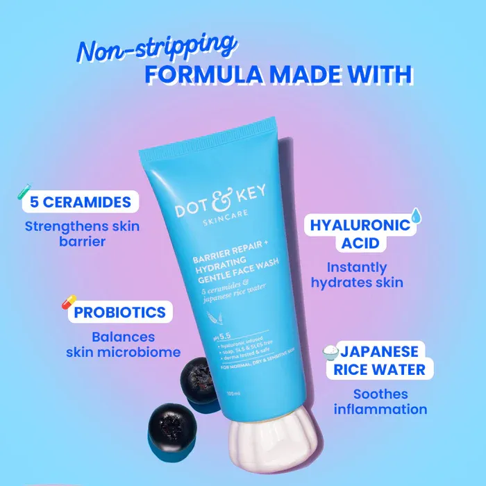 Blue Dot & Key face wash tube with ingredient highlights on a gradient background.