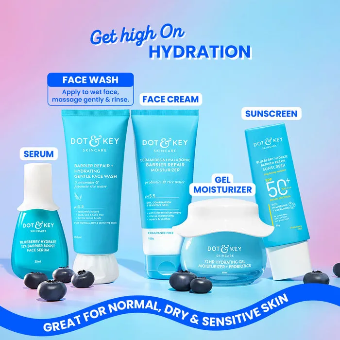 Blue Dot & Key skincare products including serum, face wash, cream, gel moisturizer, and sunscreen.