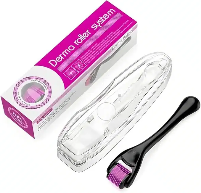Black derma roller with purple needles, case, and purple and white box packaging.