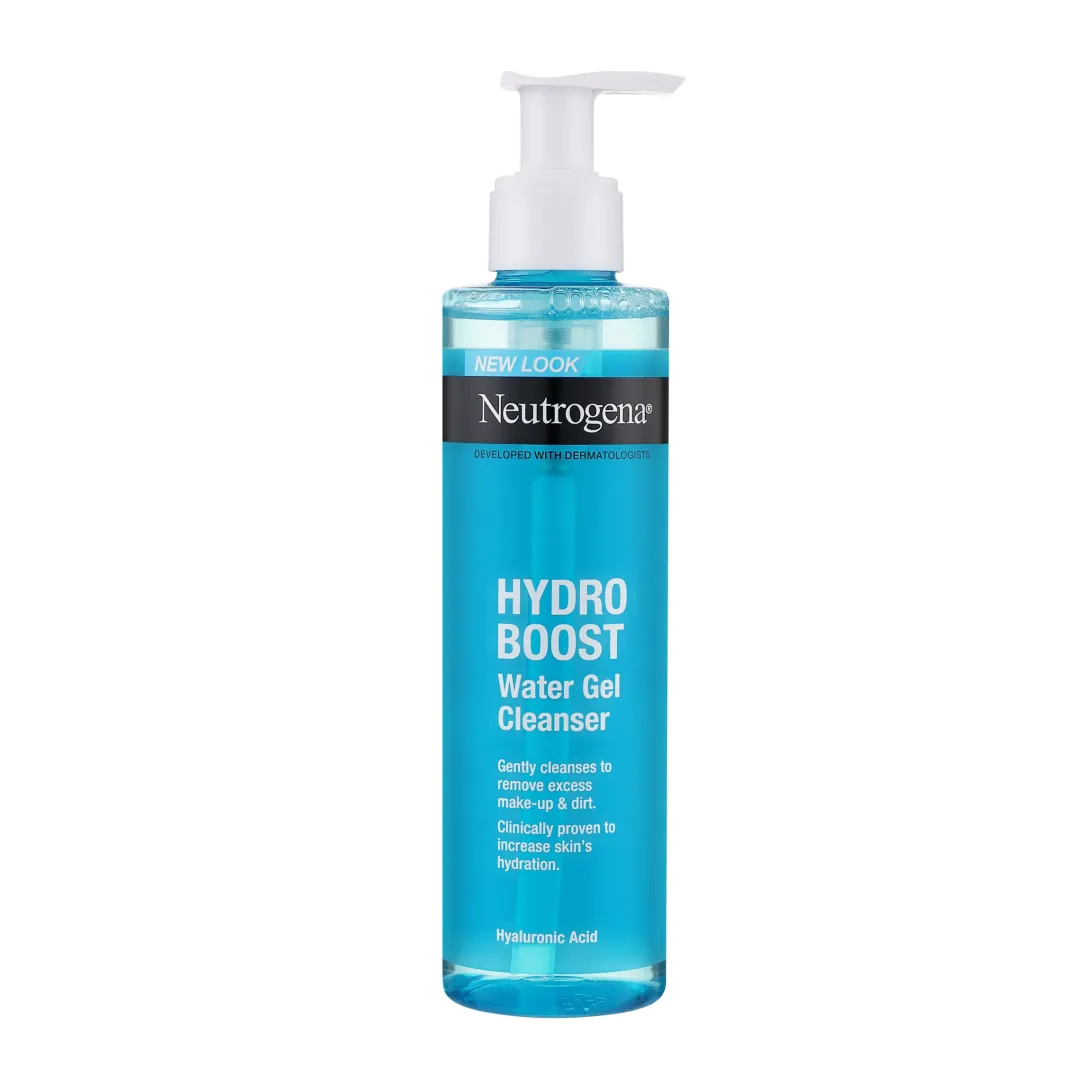 Neutrogena Hydro Boost Water Gel Cleanser bottle with a pump and blue liquid.