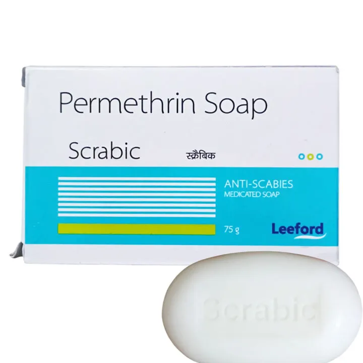 Permethrin soap bar and box packaging labeled for anti-scabies by Leeford.